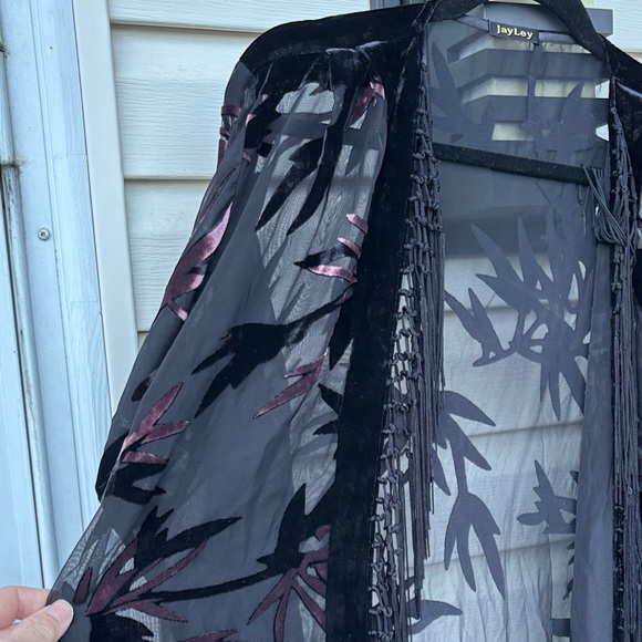 JayLey Ladies Silk Black Fringe Sheer Pink Velvet Top Boho Kimono Cardigan - Picture 9 of 16